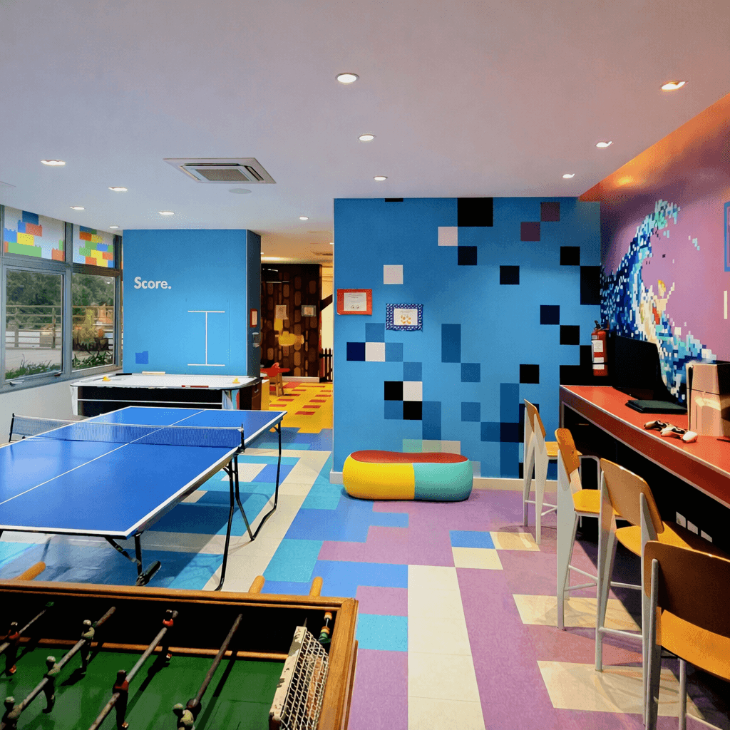 Sala de juegos y entretenimiento con mesa de ping pong, metegol y sector de videojuegos, disponible como amenity del edificio.