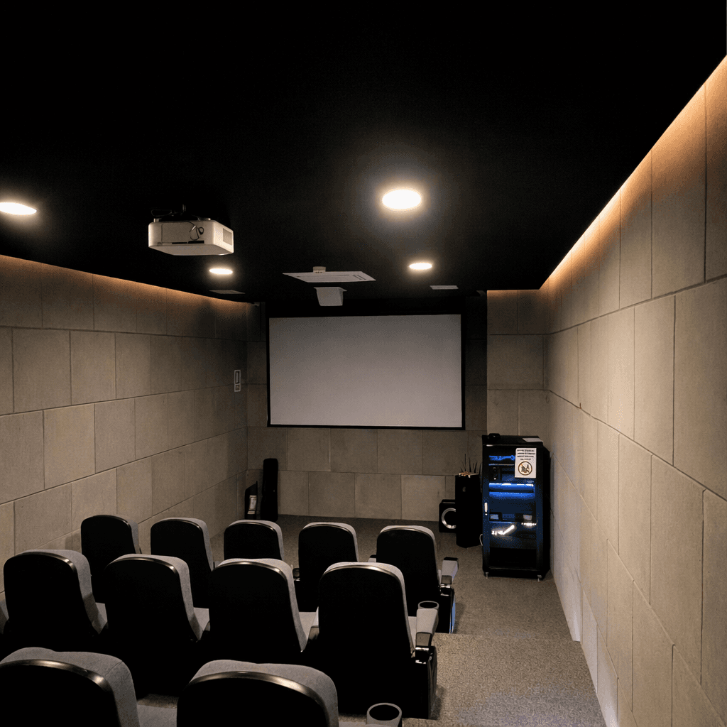 Sala de cine privada con pantalla grande, proyector y butacas individuales, disponible como amenity del edificio.